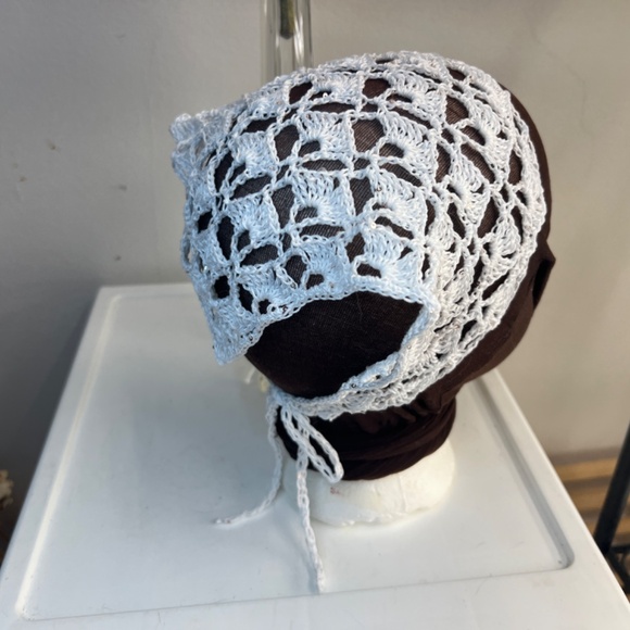 Hand made crochet triangle cotton bandana head scarf white w  display picture 2